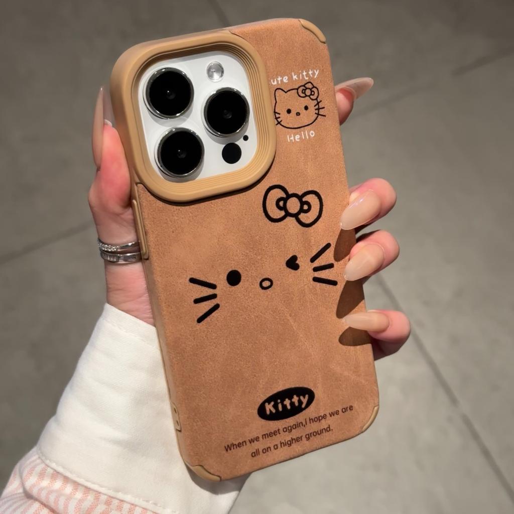 Retro Brown Large Hole Leather Cat Suitable for Apple 16promax Mobile Phone Case 14 New IPhone 15 Cartoon