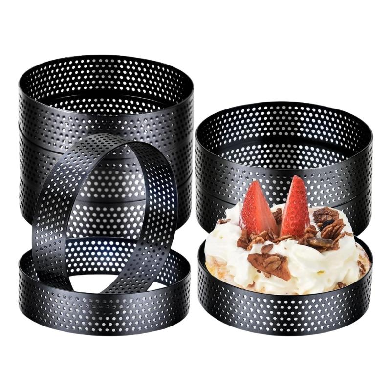 

Set of 8 Perforated Tart Rings Baking Molds Stainless Steel Texture Suitable for Pastry Mousse Cakes and Desserts 1