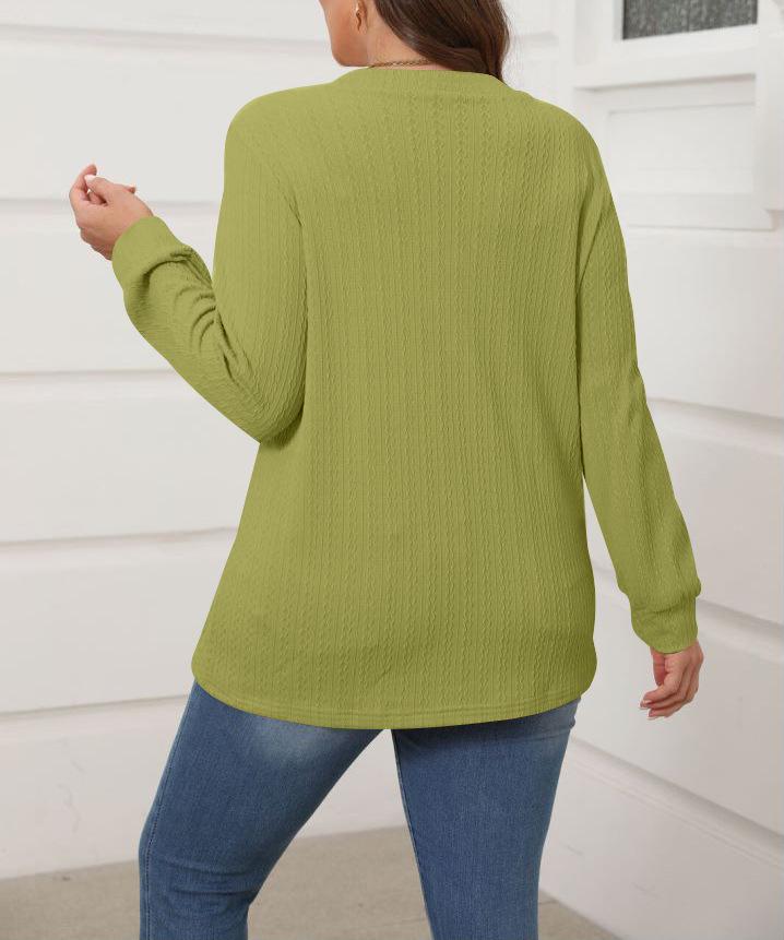 2025 Damen Einfarbig V-Ausschnitt Knopf Langarm Lässiges Mode-T-Shirt für Herbst/Winter