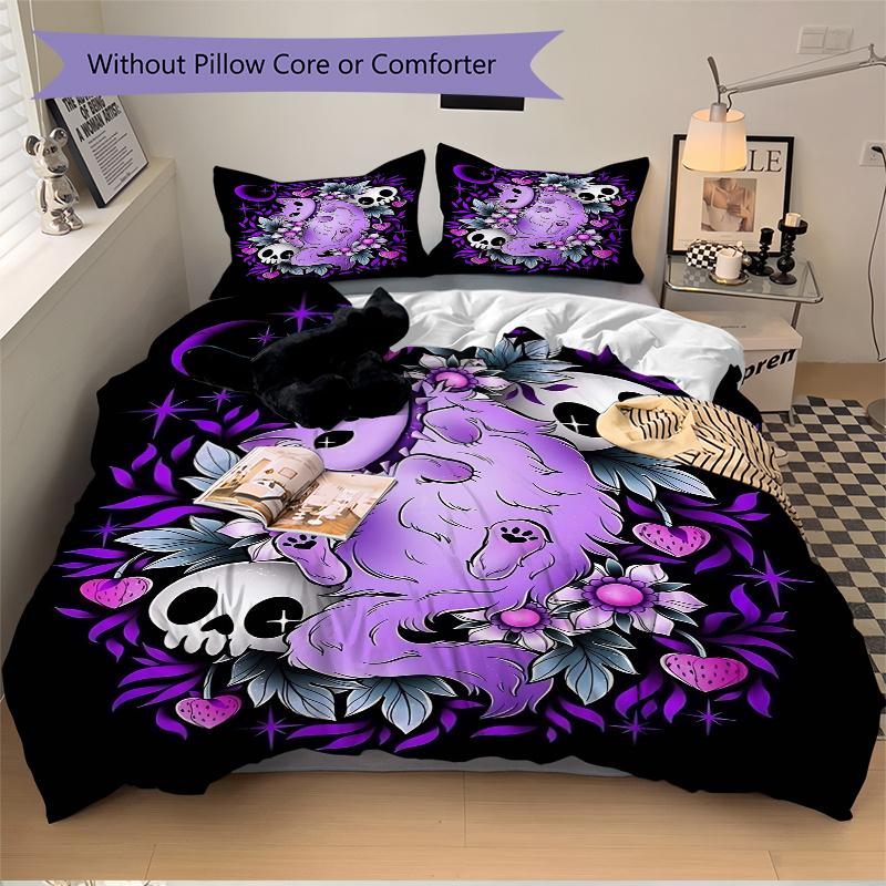 3pcs Pastel Cat and Skulls Printed Quilt Set - Soft and Comfortable Quilt Cover for Bedroom, Guest Room and Dormitory Decorative Bedding Set