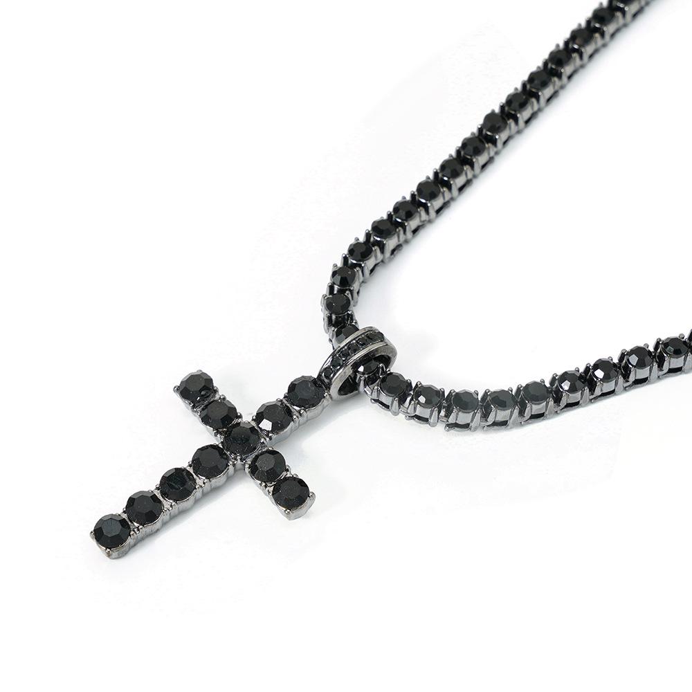 Eco-Friendly European & American Hip-Hop Zinc Alloy Rhinestone Cross Pendant Necklace with 4mm Diamond Tennis Chain