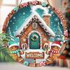 Christmas Gingerbread House Welcome Round Wooden Hanging Sign, 2D Flat Printed Wall Door Ornament, Xmas Home Holiday Decor Gift