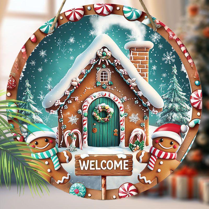 Christmas Gingerbread House Welcome Round Wooden Hanging Sign, 2D Flat Printed Wall Door Ornament, Xmas Home Holiday Decor Gift