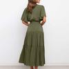 Women's Casual Fashion Color V-neck Lace-up Flared Sleeve Splicing Dress