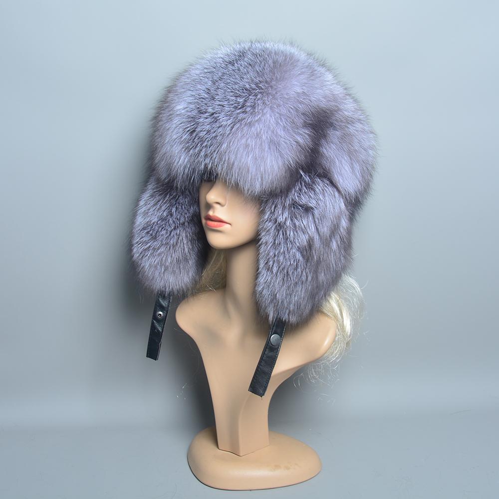 Real Fur 100% Fox Skin Russian Businessmen Pilot Bombers Full Map Unisex Hat Ushanka Winter Ear Guard Hat Raccoon Fur Beanie Hat