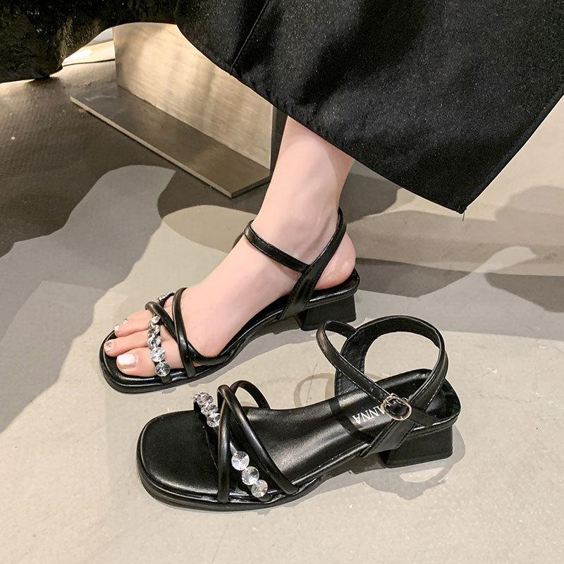French Open-toed Rhinestone Sandals Summer New Fashion Thick Heel Square Head One-word Buckle with Skirt Women's Shoes