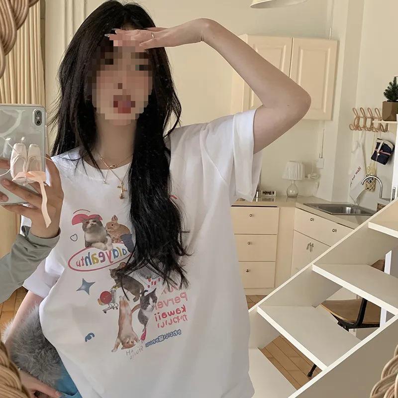 

Модная уличная футболка свободного кроя из чистого хлопка с коротким рукавом для женщин - Универсальный корейский стиль M for up to 100 jin