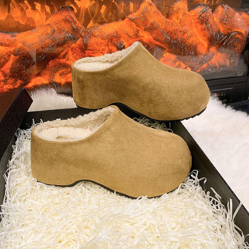 Women's Retro Lightweight and Comfortable Non-slip Heightening Winter Warm Plush Lining Non-slip Durable Casual Cotton One-step Half Slippers