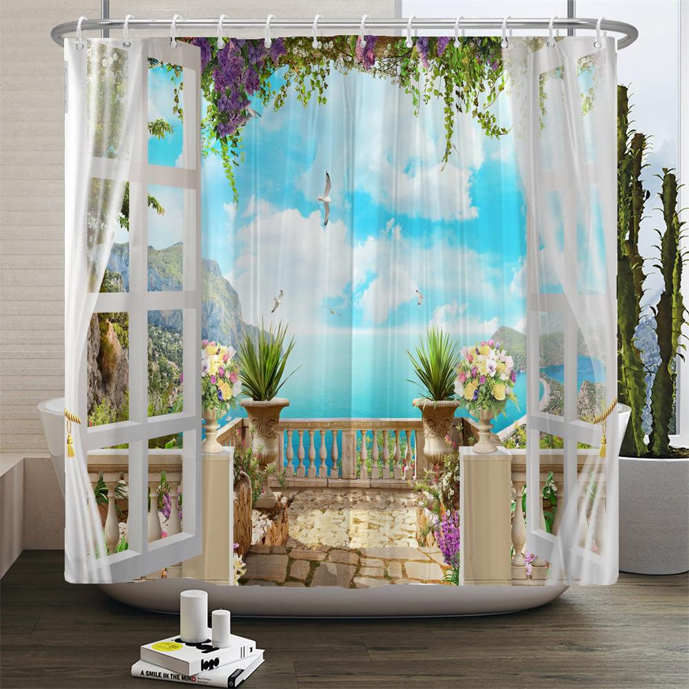 

Пейзаж морского пляжа Занавеска для душа с принтом Средиземноморский пейзаж Полиэстер Занавески для ванной Домашний декор Занавеска с крючками W120xH180cm