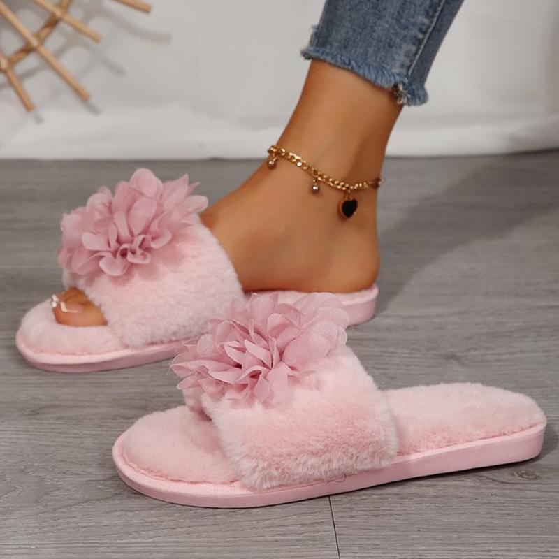 Fashion Elegant Floral Detor Cotton Slippers Women 2025 Solid Color Slip On Fur Slippers for Woman Faux Fur Indoor Plush Slides Female
