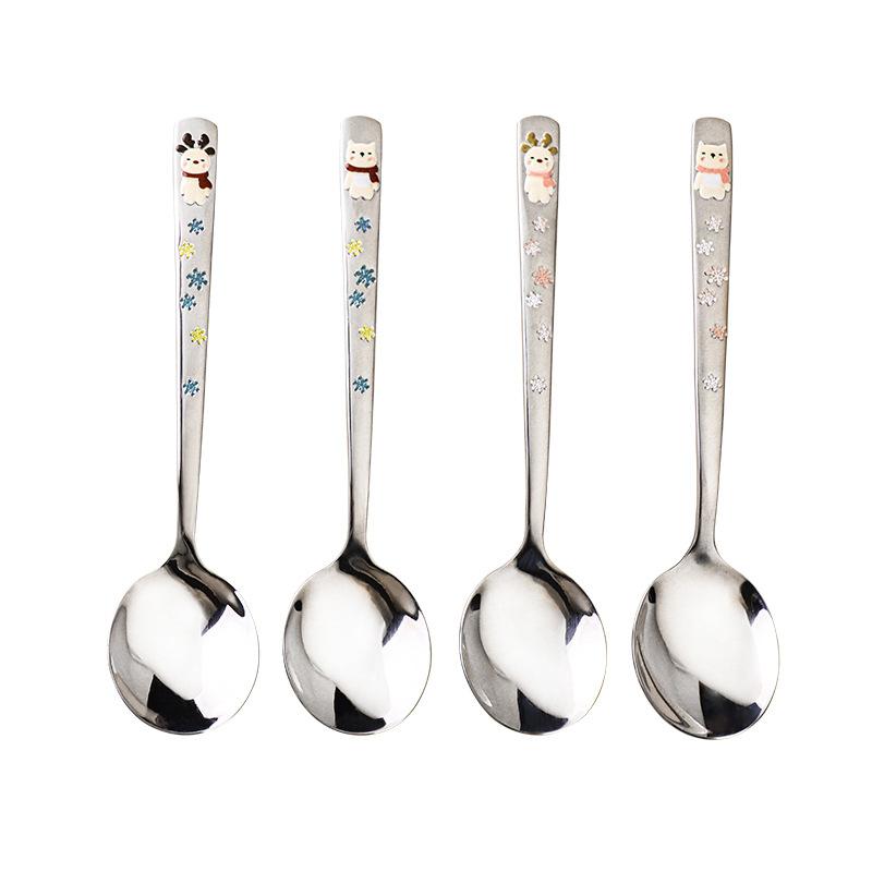 2026 New 304 Stainless Steel Round Spoon Cartoon Embossed Deer Spoon Korean Style Household Long Handle Drinking Spoon yuzi