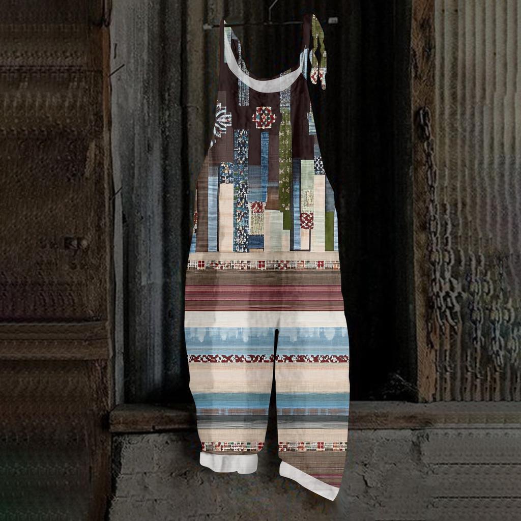 Women's One-piece Pants With Retro Prints, Casual Loose Retro Straps, And Cotton And Linen