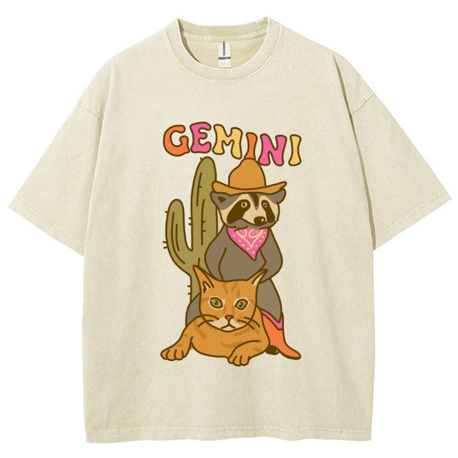 Gemini Cartoon Print Women T-Shirt Washed Denim Oversized Loose Crew Neck Couple Half Sleeve Unisex Cute Retro Style Top