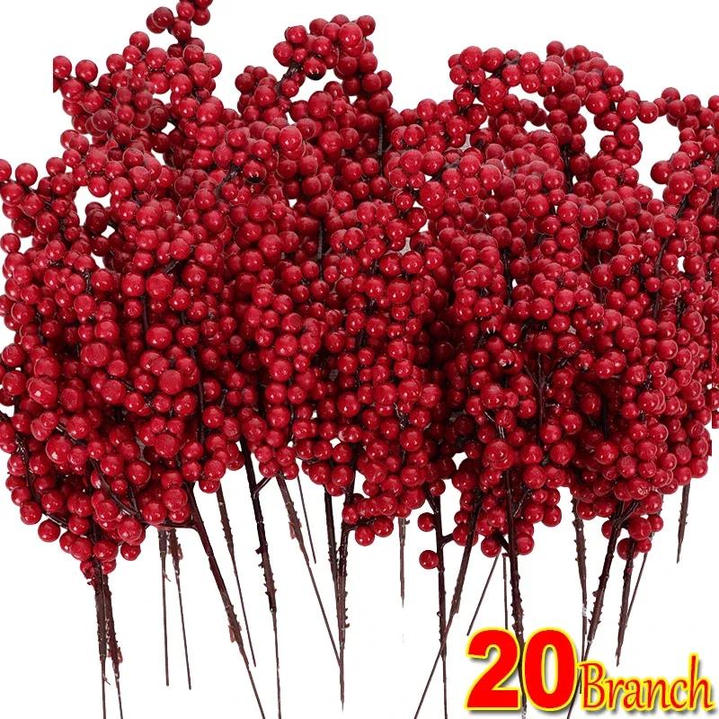 

20/1 шт. Рождественские красные ягоды, ветки, искусственные ягоды падуба, тычинки, растения, цветы, венок, украшения, рождественская елка, домашний декор About 22cm