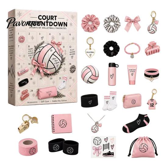 Youth Sports Equipment Gift Volleyball Girl Advent Calendar, 24-Day Accessories Countdown Box Daily Wear Items for Students with Hair Ties Charms