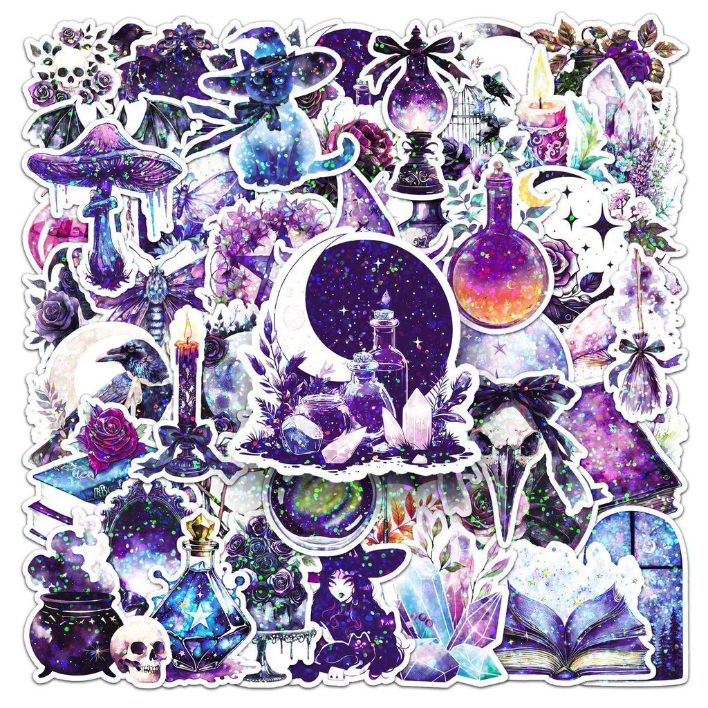 50 Holographic Witch Stickers: Waterproof Halloween Magic Film Sheets