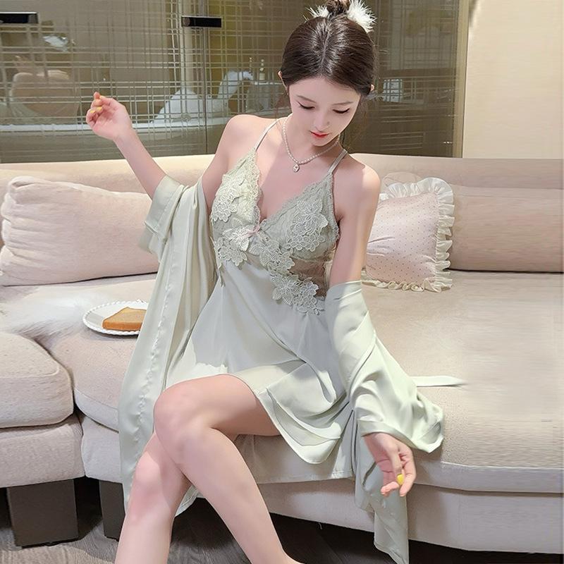 Women's Ice Silk Lace Trim Camisole Nightgown Two-Piece Set with Breast Pads for Spring & Autumn