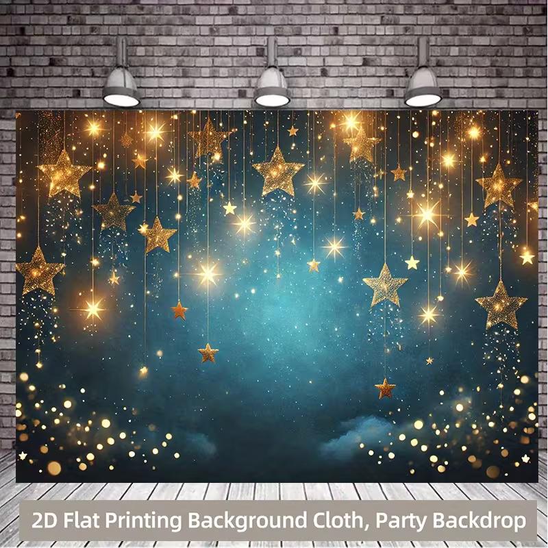 

2D Golden Twinkle Star Backdrop Cloth Teal Blue Starry Background for Party Decor 47.2x31.5inch/120*80cm