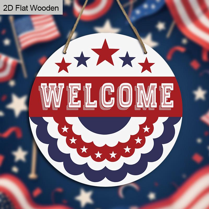 2D Flat, Independence Day Hanging Welcome Sign Decoration, Patriotic Decoration Signs and Plaques, Welcome Wooden Sign Door Hanger, Suitable for Home