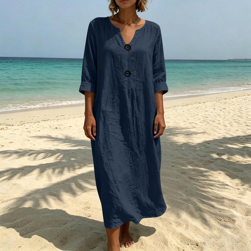 Women's Fashion Casual Color Dress with V-Neck, Button Front and Three-Quarter Sleeve