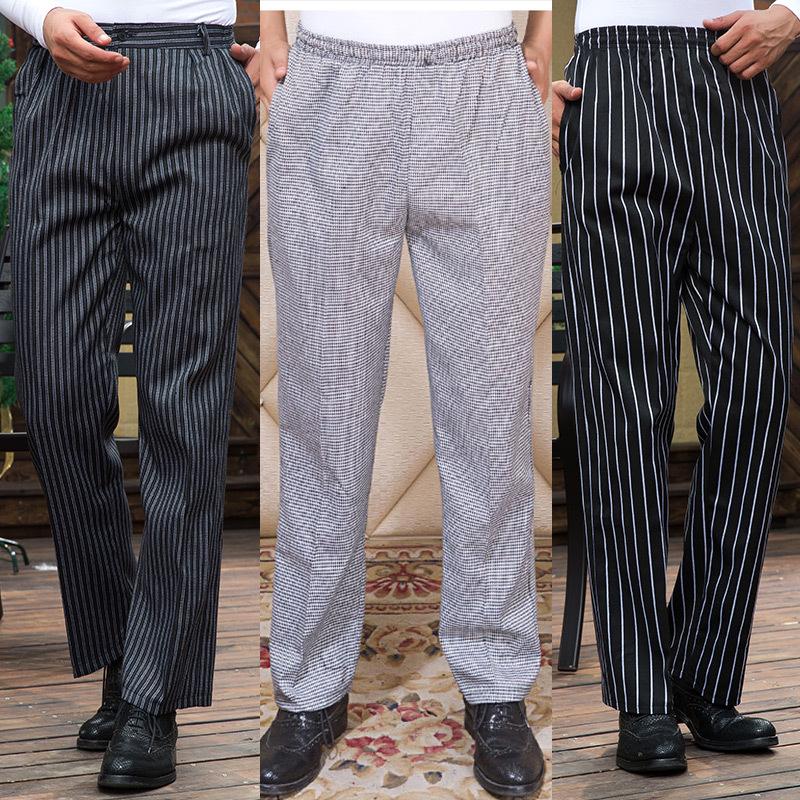 Men's Loose Straight-Leg Cotton Work Pants - Striped Kitchen Waiter Trousers