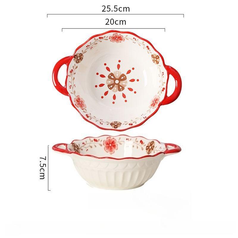 Ceramic Household 10 Inch High Aesthetic Double Ear Soup Bowl Anti Scald Relief Soup Bowl Underglaze Color Process