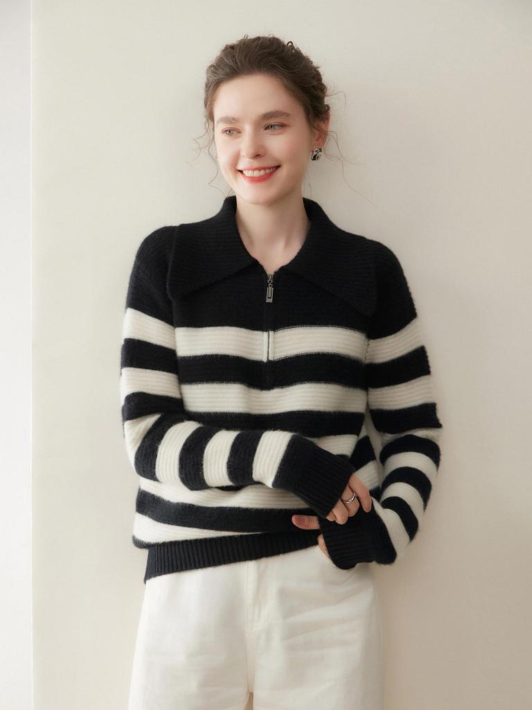 2025 Autumn-Winter Women's Cashmere High-Neck Striped Zipper Sweater
