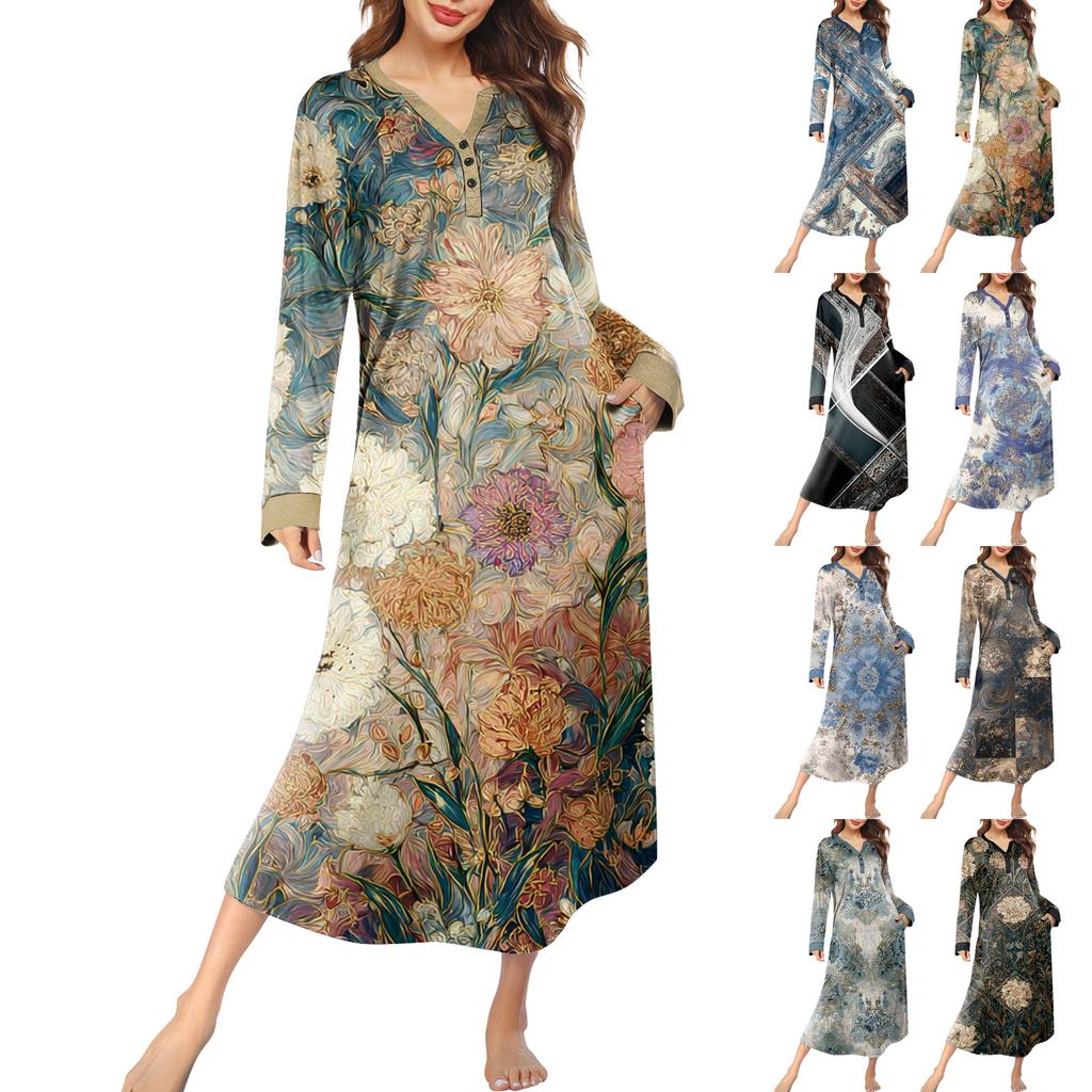 Dámská noční košile dlouhá společenská V-výstřih noční košile s kapsami