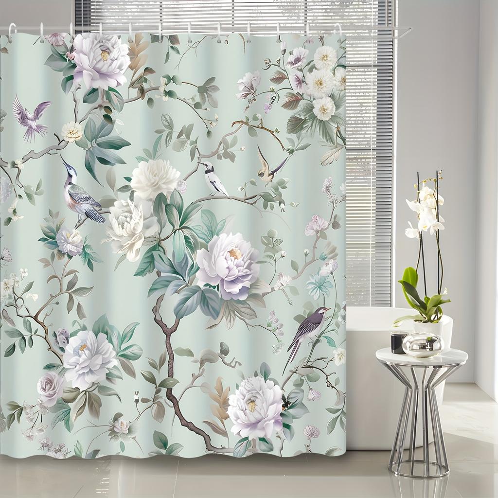 1pc Chinese Style Elegant Classical Peony Branch Magpie Shower Curtain, Decorative Print Shower Curtain with Hook