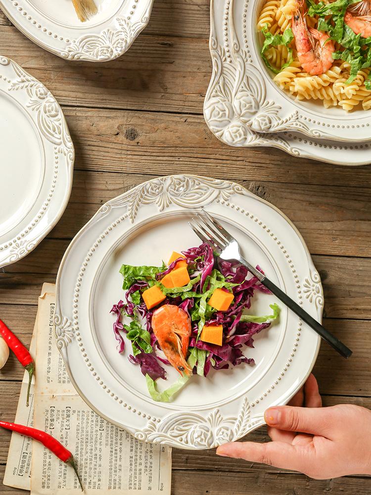 Household ceramic relief deep plate, soup plate, European-style steamed dishes, round large plate rice bowl soup bowl flat plate