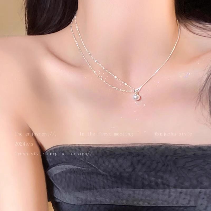 Korean retro titanium steel necklace women's versatile high-end pearl pendant ins wind niche collarbone chain jewelry wholesale