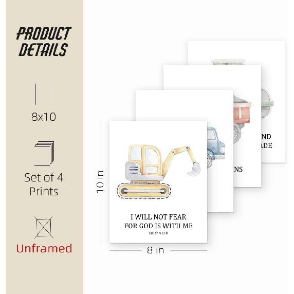 ETVISO Toddler Boy Room Decor Set of 4, Kids Wall Art pirational Bible Verse Wall Decor, Tool Car Poster for Baby Boys Kids Room Bedroom Playroom