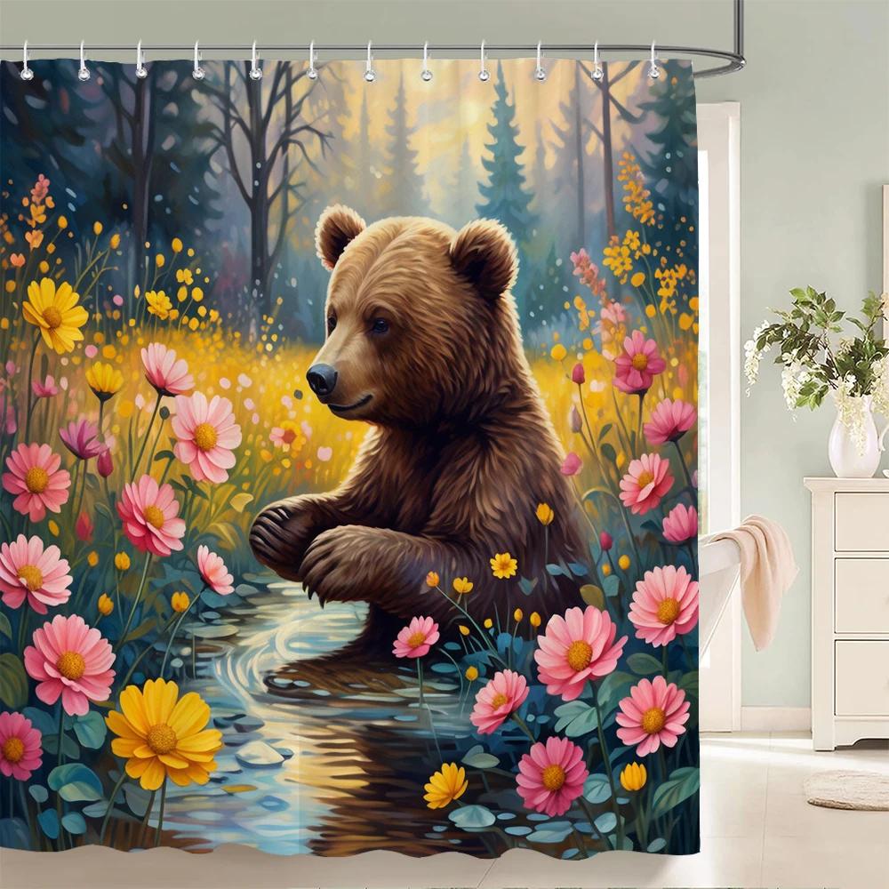 Floral Summer Shower Curtain Cat and Dog Animals Fabric Shower Curtains for Rustic Bathroom Decor Spring Plant Shower Curtain