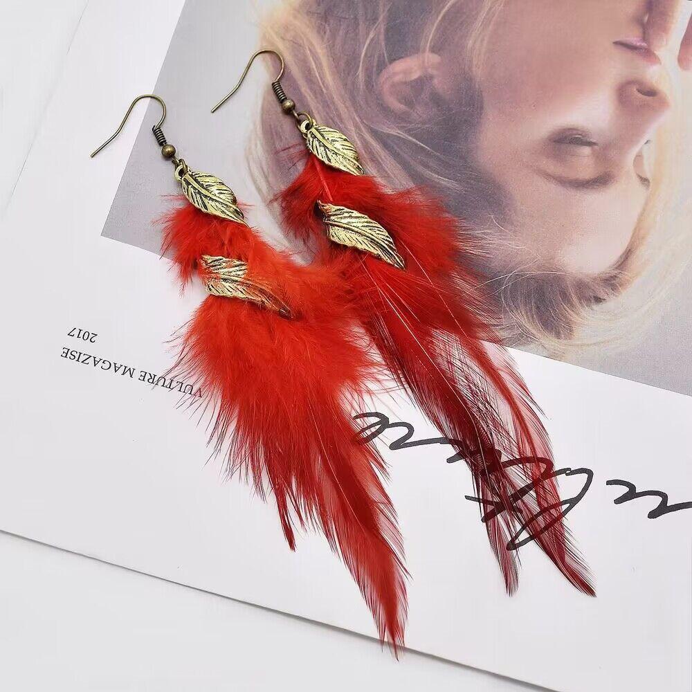 Bohemian Blue Peacock Feather Long Tassel Earrings Ethnic Unique Dangle Drop Earrings For Women Fashion Jewelry красный