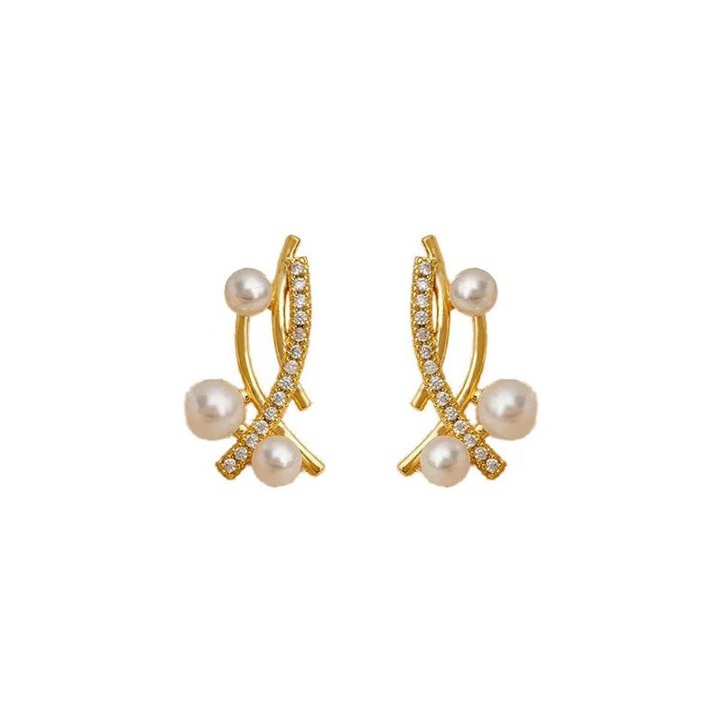 French retro cross painless earrings light luxury high-end zircon stud earrings women's pearl ear clips mosquito coil disc no ear piercings