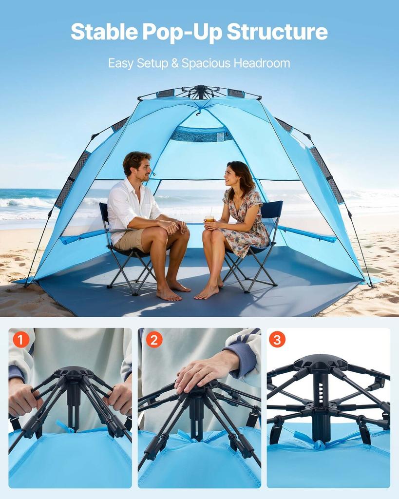 Beach Tent Sun Shelter for 4 Person, Pop Up Beach Tent UPF 50+ Protection, Portable Sun Shade Canopy with Carrying Bag and Sand Pockets, Easy Setup