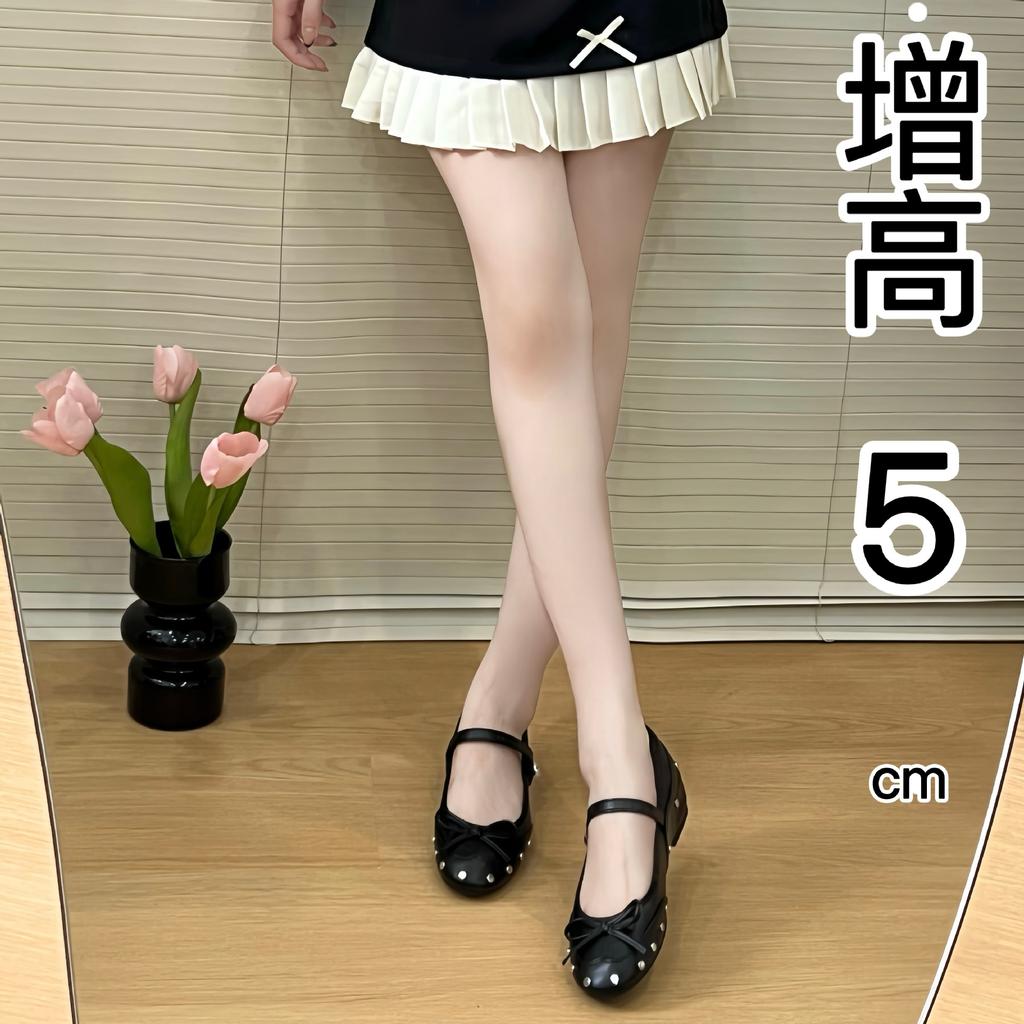 Increase Height 5cm Mary Jane Shoes Female Genuine Leather 2026 New Fashion Rivet Bow Ballet Shoes Women Round Toe Flats