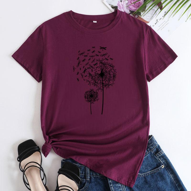 Summer Round Neck Dandelion Dragonfly Pattern Printed Top Fashionable Casual Short Sleeved Women's Pure Cotton T-shirts