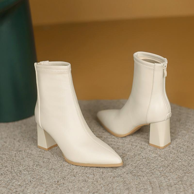 Martin Boots Women's Thick Heel Soft Leather Autumn and Winter French Versatile Small Heel Short Boots with Velvet Middle Heel