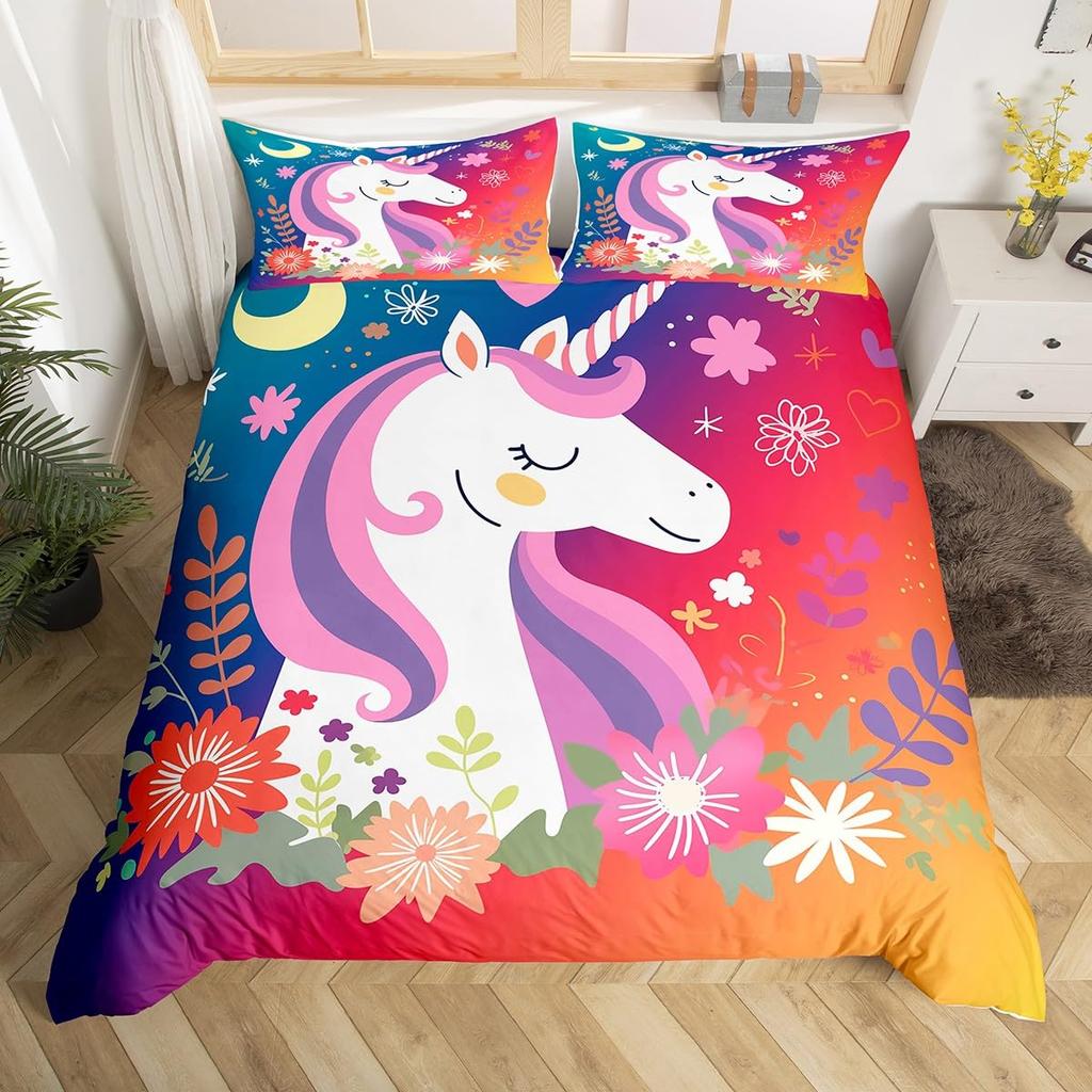 Einhorn Bettwäsche Set Kinder Lila Weltraum Galaxie Weiche Bettbezug Mikrofaser Bequeme Bettdecke Abdeckung Mädchenhaft Karton Warme Deckenbezug plus 2