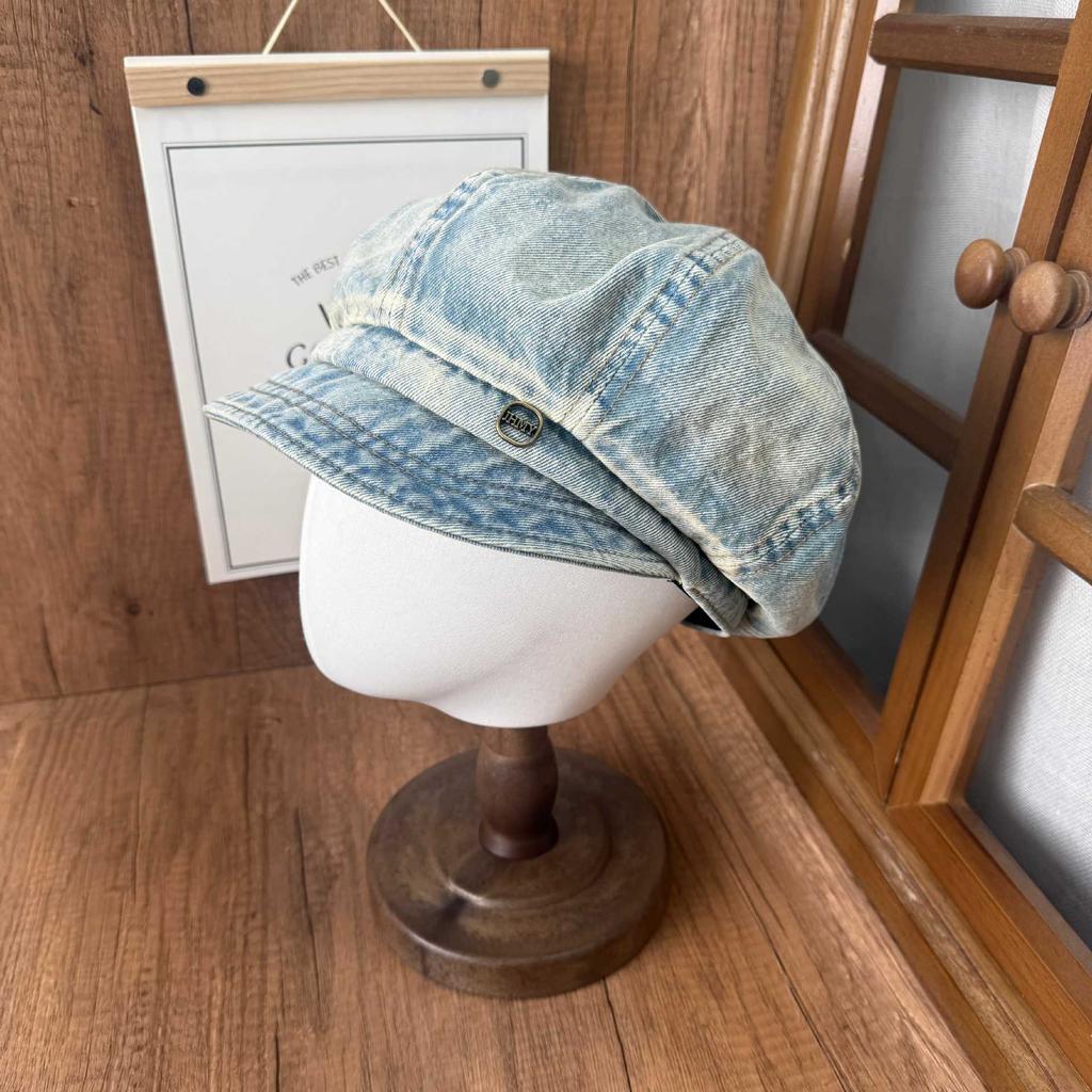 Retro and Old Washed Denim Octagonal Hat Women's Early Autumn Versatile Face Small Beret Big Head Circumference Newsboy Painter Hat