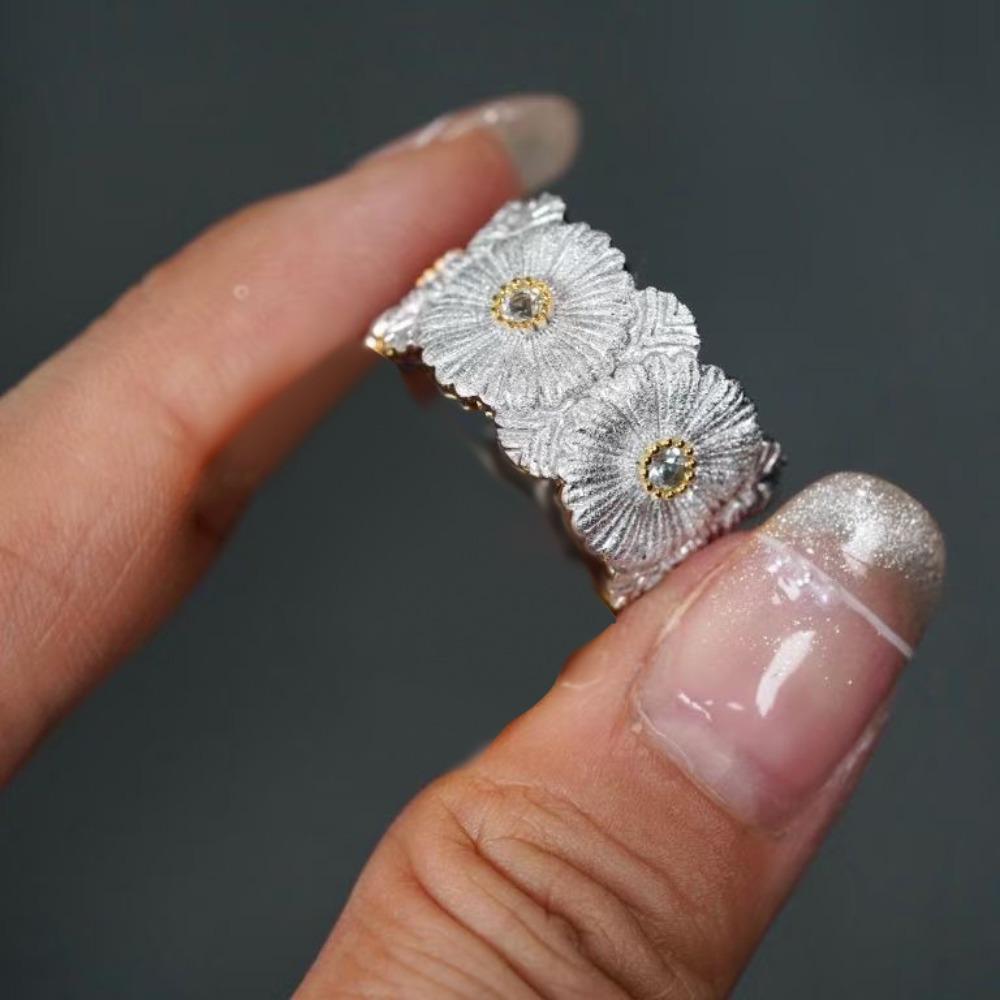 

Open Ring Dual Gold Daisy Flower Wide Band with Diamond Embellishments for Women adjustable