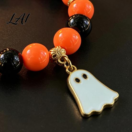 Elastic Bead Jewelry Halloween Beaded Bracelet for Women Orange Black Beads Stretch Festive Stackable Bangles with Ghost Charm Holiday Accessory