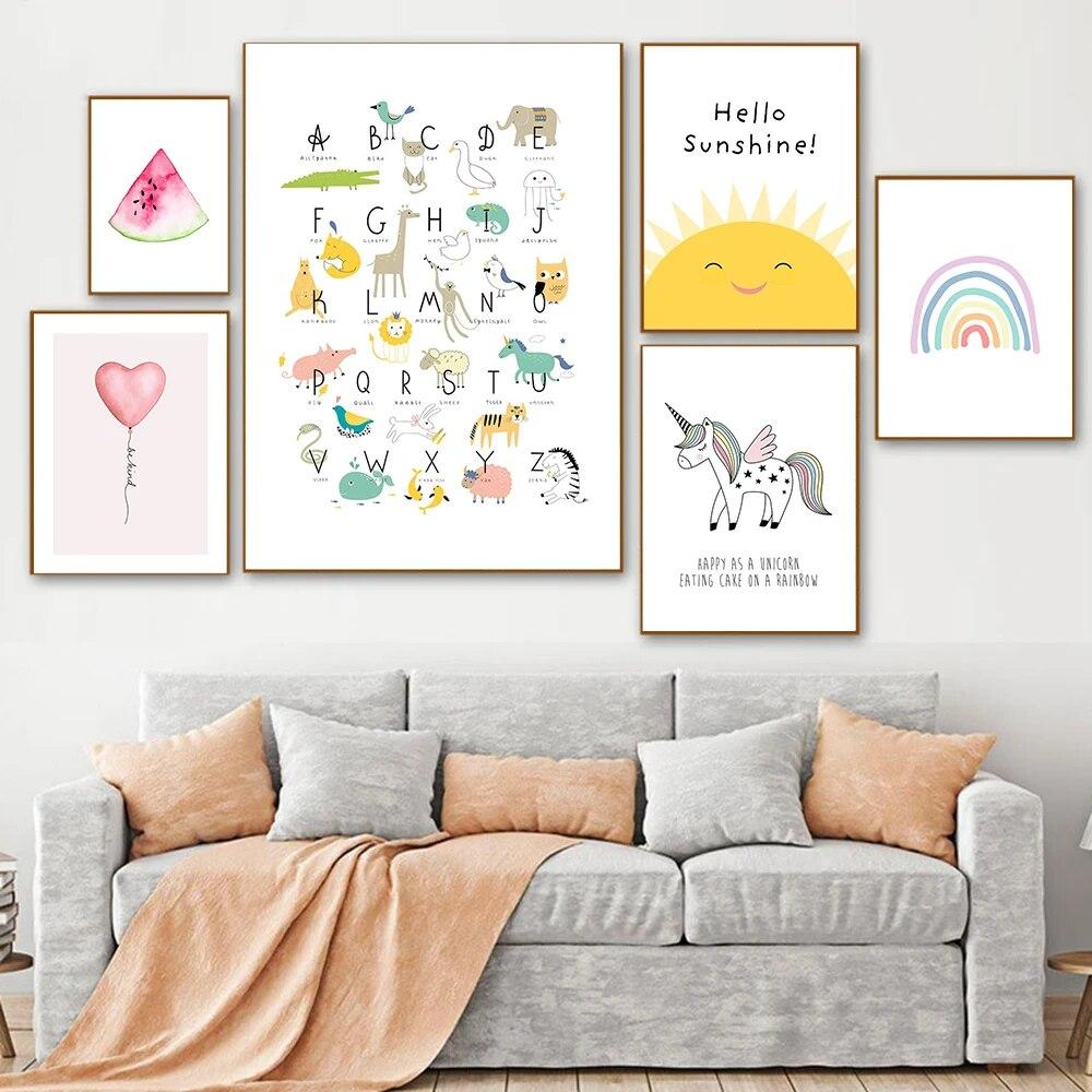 

Sun Print Alphabet Painting Nordic Poster Prints Kids Room Nursery Wall Art Picture Rainbow Unicorn Canvas Painting
