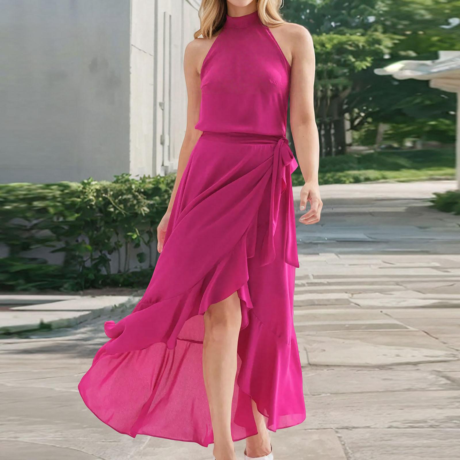 

Женская мода Элегантный темпераментный оборки нерегулярные бретели А-силуэта платья XL горячий розовый