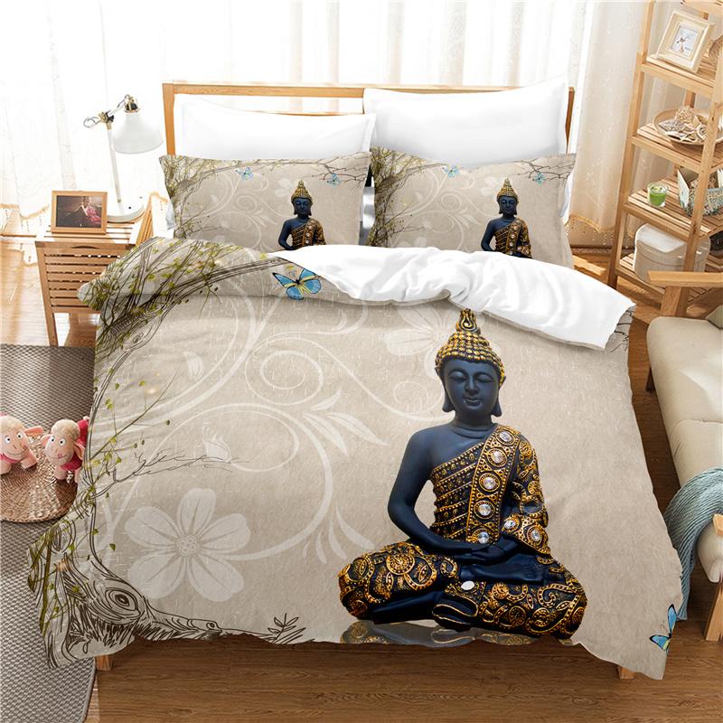 Buddha Statue Duvet Cover Set 3D Digital Printing Gold Queen King Size Bedding Set For Kids Boys Girls Polyester Comforter Set