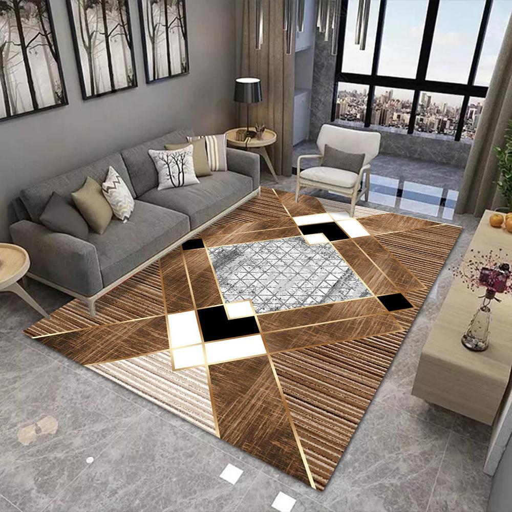 Modern Luxury Geometric Carpet With Gold Line Geometric Patchwork Marble Texture Non Slip Rug For Living Room Decor