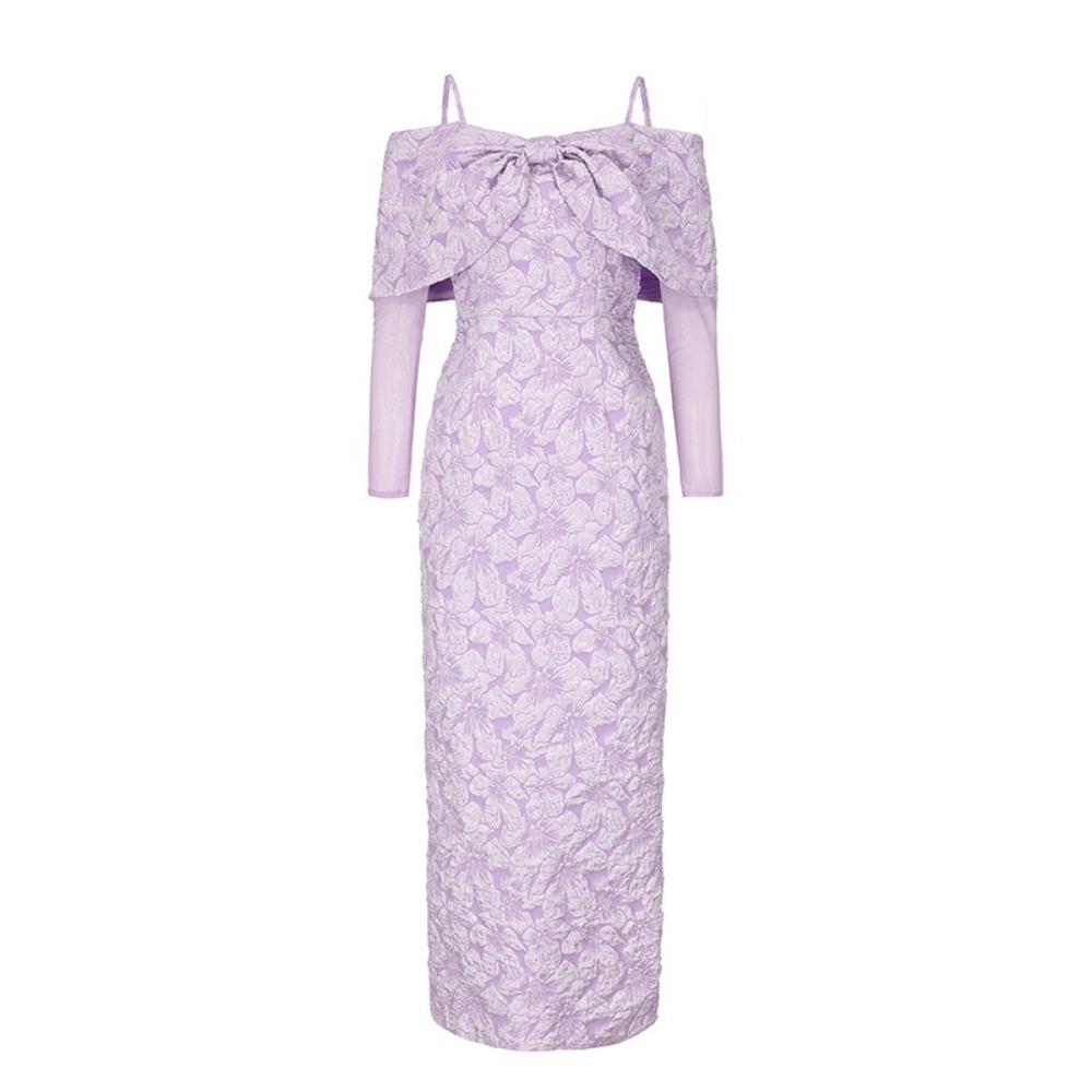 

Solid Floral Jacquard-Patterned Tulle-Panel Dresses for Women Elegant Slash Neck Long Sleeve High Waist Evening Dress Female Fashion 2026 2XL світло-фіолетового кольору
