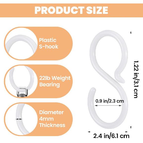 24pcs Quiet Plastic S Hooks for Hanging, Multi-Purpose Abs Hooks for Closet, Shower Rod, Plant, Pot and Pan, Coffee Mug, Easy Twist & Rust-Free Holds