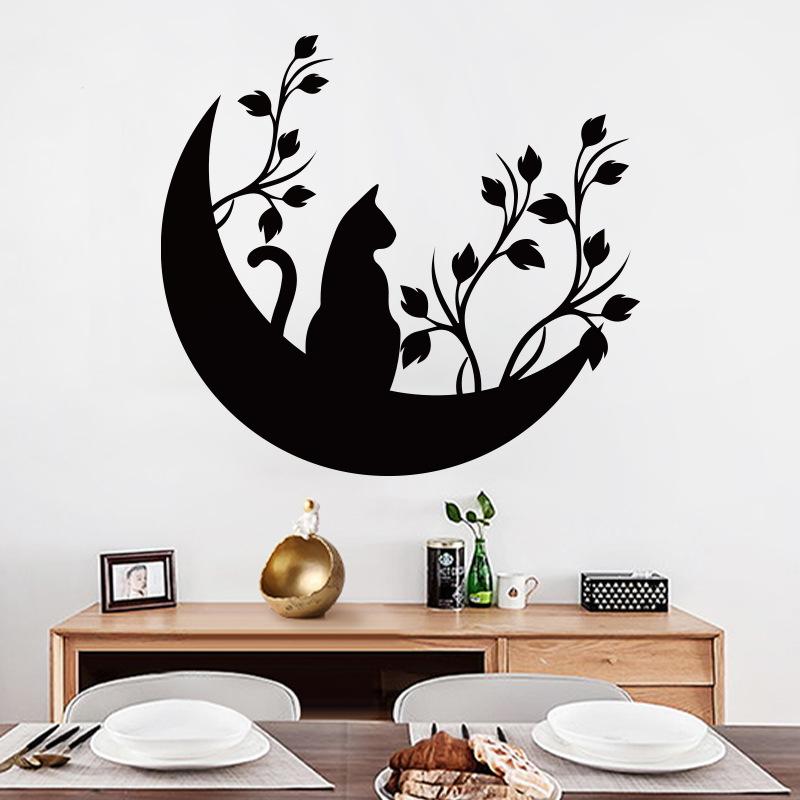 Black Moon Cat Wall Stickers Stars Home Bedroom Decor Peel and Stick Wall Art Removable Vinyl Decals for Room Beautification